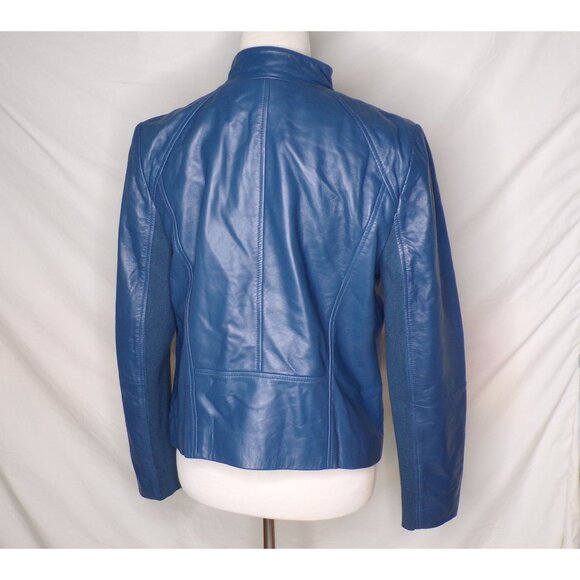 🆕 NORDSTROM Leather Moto Zip Jacket Blue Large (10-12) - Picture 8 of 10